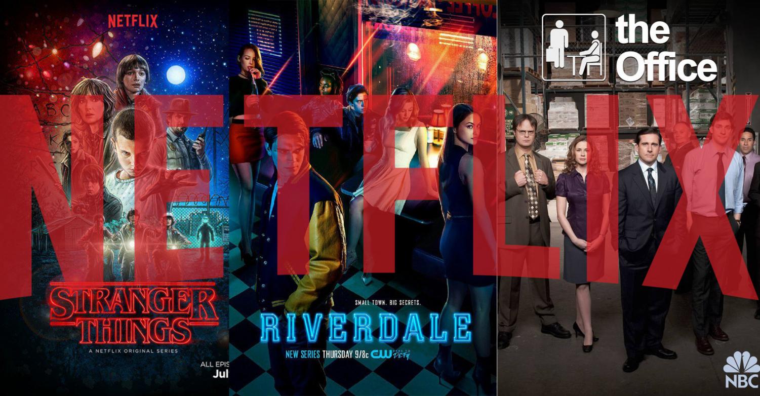 Image featuring the covers of Tv shows: The Office, Riverdale, and Stranger Things. All of these shows are available on Netflix.
