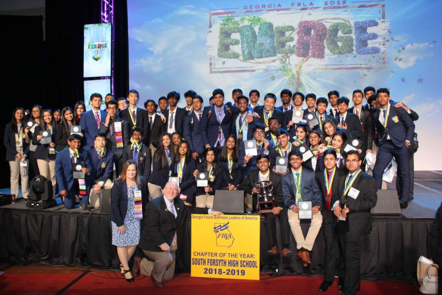 Taking the stage. The above photo shows South students smiling for a picture soon after the ending session at the State Conference. Of the student that placed, the top 4 will represent Georgia at the National State Conference over the summer.