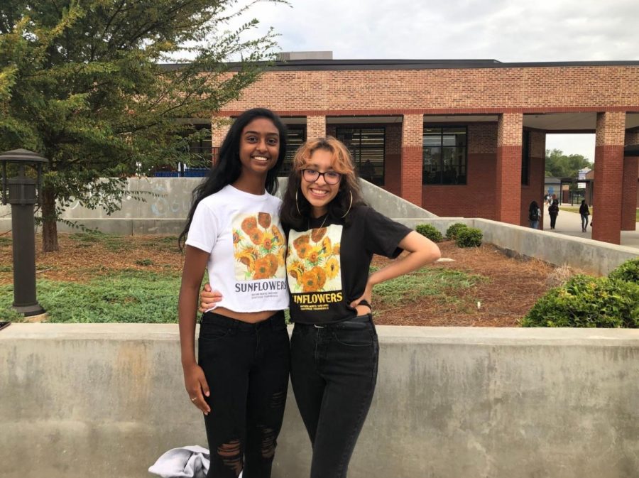 Pictured above (left to right) are freshman Pragna Veeravelli and Aribah Tely. Shining sunflowers. These best friends wear the matching sunflower shirts for Twin Tuesday. 