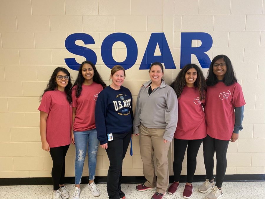 Pictured (left to right) are Siya Kumar, Krithika Kasireddy, Ms. Rachel Collins, Ms. Jennifer Clendenen, Aasha Kodukula, and Minakshi Shivananda. The leaders of tomorrow. Four sophomores at South Forsyth High School, along with their HOSA advisers, partnered with a local Medical Reserve Corps organization to give back to the community. By creating different events that support their passion, these students impacted and learned a lot from their community.