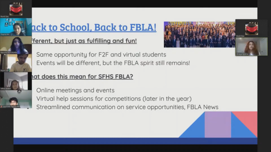 Virtual meetings. As one of the largest FBLA chapters in the world, SFHS FBLA is working virtually to accommodate all of its members. They, along with other clubs, are finding different way to satisfy their club requirement virtually.