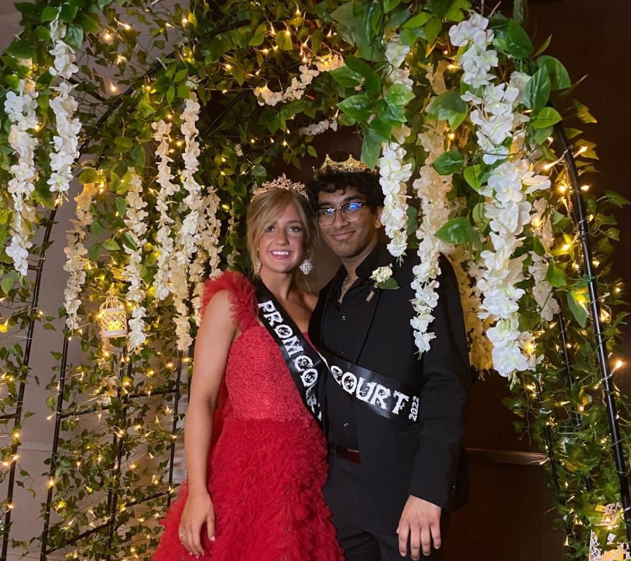 Prom+royalty.+Seniors+Emory+Hilton+and+Praneet+Venigalla+smile+bright+as+they+proudly+wear+their+crowns.+Both+seniors+were+beyond+grateful+as+it+marked+a+special+moment+in+their+high+school+journey.