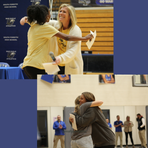 Two of Souths female athletes hugging their coaches on Signing Day. South celebrated their female athletes on Signing Day in the gymnasium.