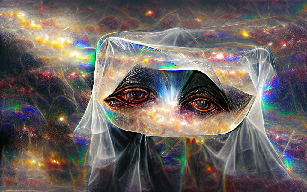 Generated artwork. Artificial Intelligence is getting increasingly better at generating art. This image was created by an AI tool by user prompting.

"AI Art Prompt: 'what exists beyond the veil?'" by jurvetson is licensed under CC BY 2.0.