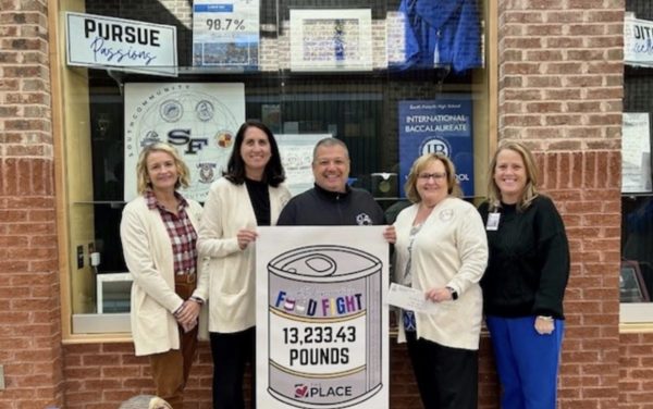 South Community Principals pose with the 'Fight Against' Hunger' campaign poster after raising 13,233.43 pounds of food